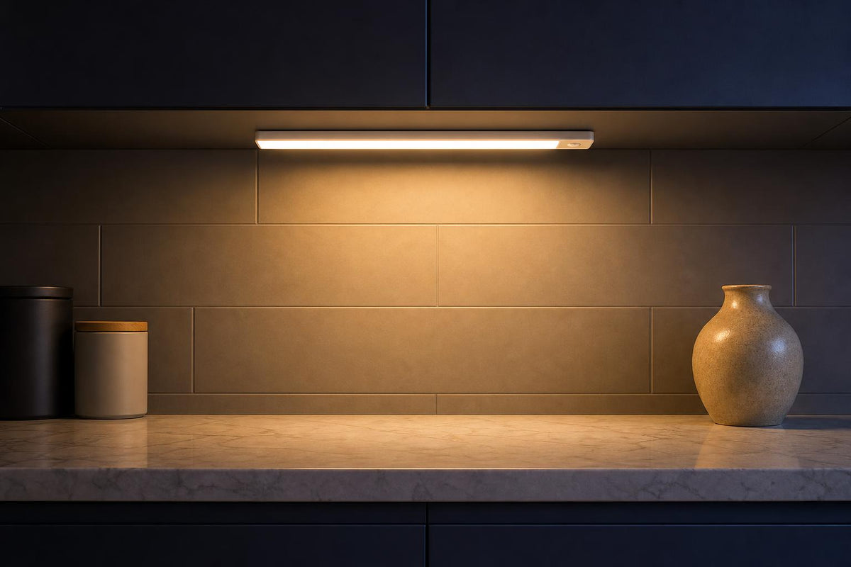 Kitchen lit with warm white light