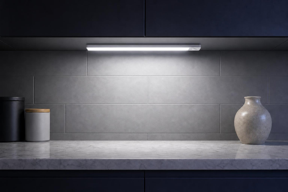 Kitchen lit with cool white light